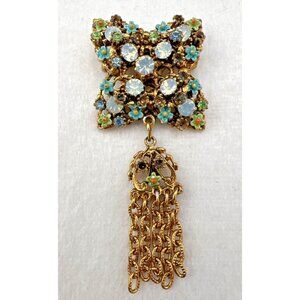 Vintage Signed LJM Rhinestone Enamel Pin Brooch Jeweled Tassel 2.75"